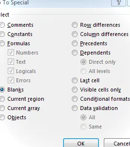 Espacios en blanco del cuadro de diálogo especial GoTo de Excel