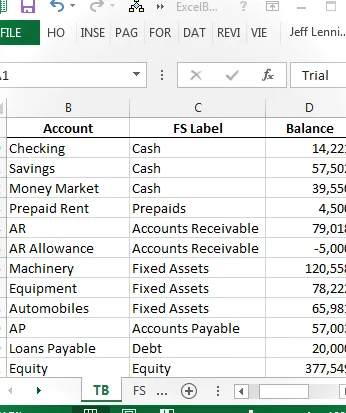 Balanza de prueba de Excel con asignación de etiquetas de informe