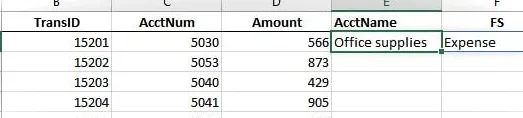 Una captura de pantalla de una hoja de cálculo de Excel con la función xlookup que devuelve los valores acctname y fs