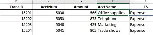 Una captura de pantalla de una hoja de cálculo de Excel que contiene el nombre de cuenta y fs para todas las filas (la fórmula xlookup se completó)