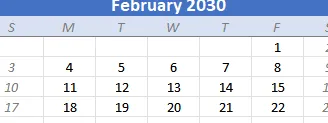 Calendario excel para febrero