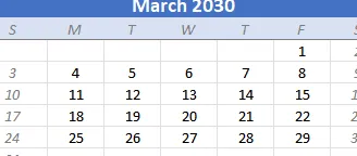 Calendario excel para marzo