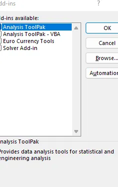 Menú del paquete de herramientas de análisis para una distribución de frecuencia en Excel