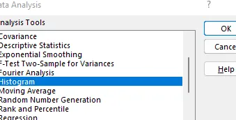 Menú de análisis de datos para una distribución de frecuencia en Excel.