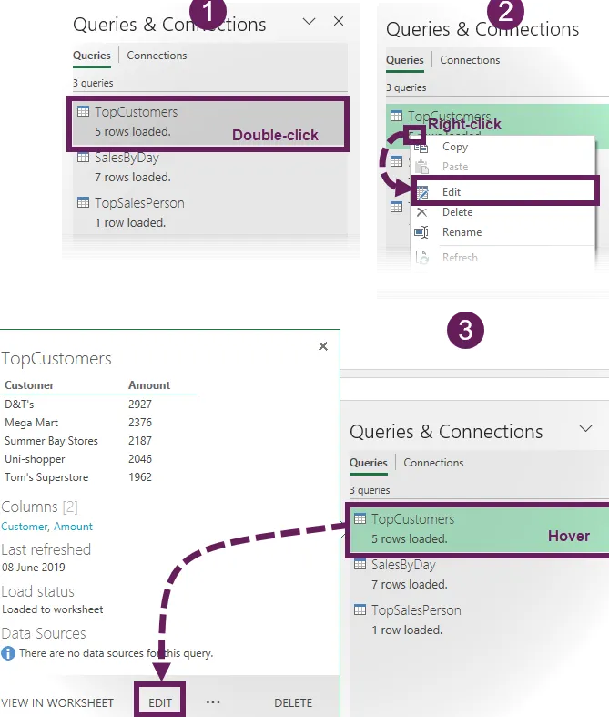 Tres formas de iniciar el editor Power Query desde el panel Consultas y conexiones