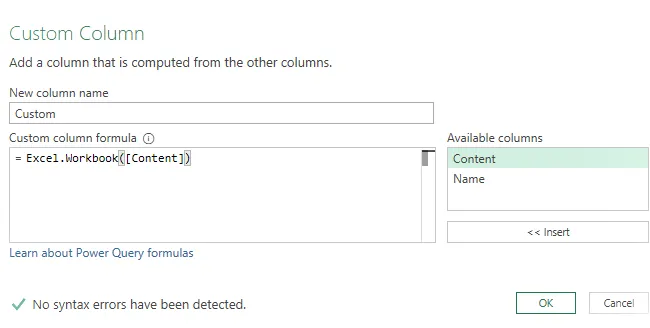 Agregue una columna personalizada para extraer datos de un archivo de Excel