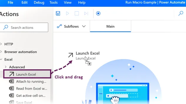 Haga clic, arrastre y suelte para iniciar Excel en el flujo