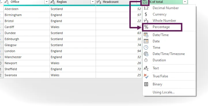 Cambiar tipo de datos a porcentaje