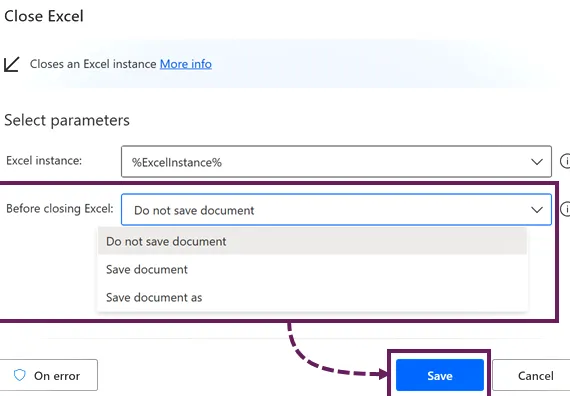 Acción de Power Automate Desktop para cerrar el libro