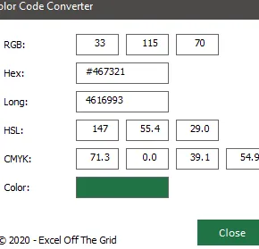 Formulario de usuario del complemento Convertidor de código de color