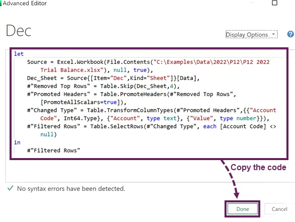 Copie el código de Power Query M