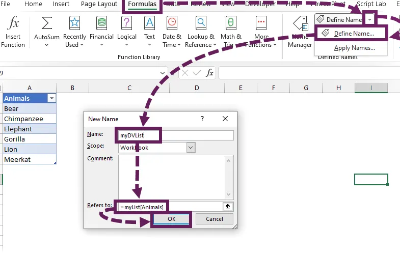 Crear rango con nombre para validación de datos con referencia estructurada