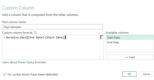 Columna personalizada en Power Query con función Duración.Días