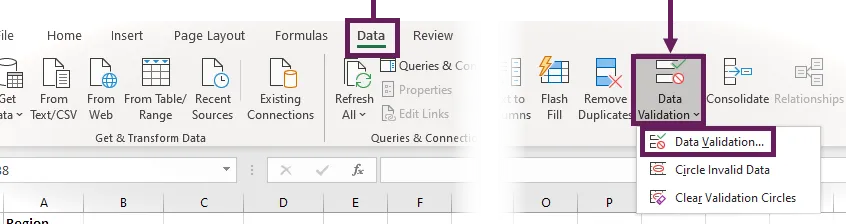 Menú desplegable de datos con lista de validación de datos de la cinta