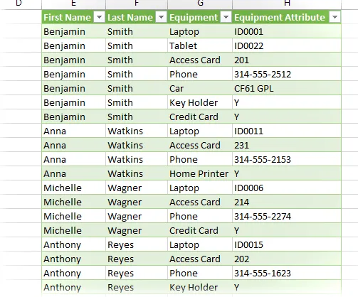 Datos cargados nuevamente en Excel