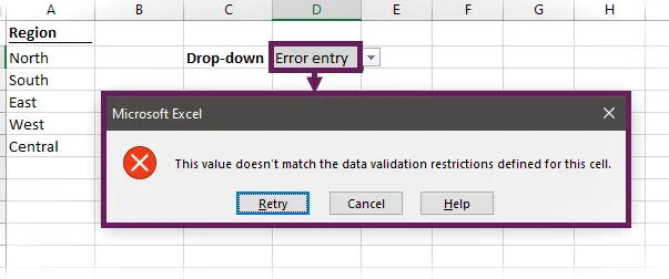 Mensaje de error del menú desplegable de validación de datos