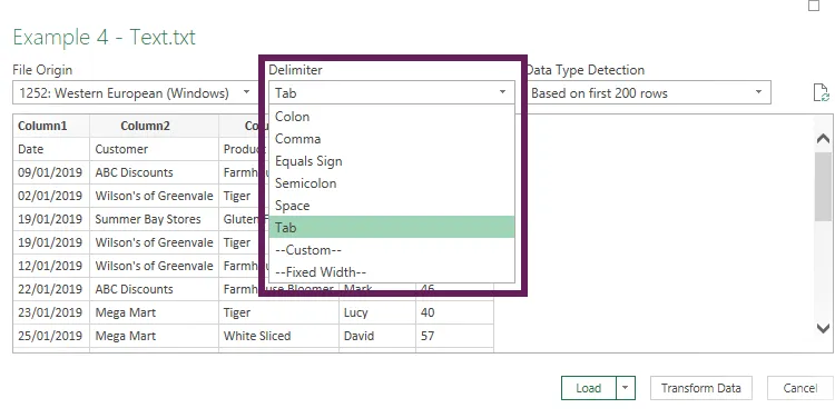 Diferentes tipos de delimitador para archivos de texto