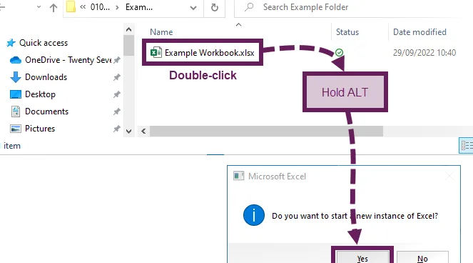 Haga doble clic + ALT para abrir una nueva instancia de Excel