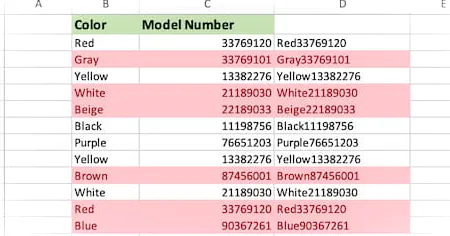 Hoja de cálculo con columnas de Color y Número de modelo junto a una columna con valores combinados