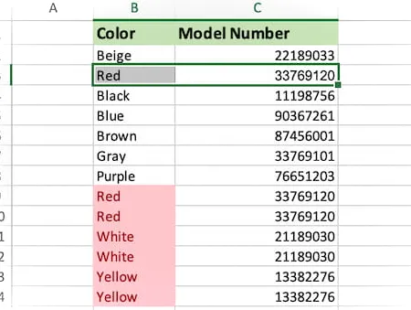 Hoja de cálculo con columnas de Color y Número de modelo con algunos duplicados resaltados