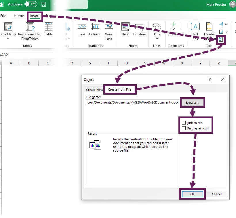 Incrustar documento de Word usando la cinta