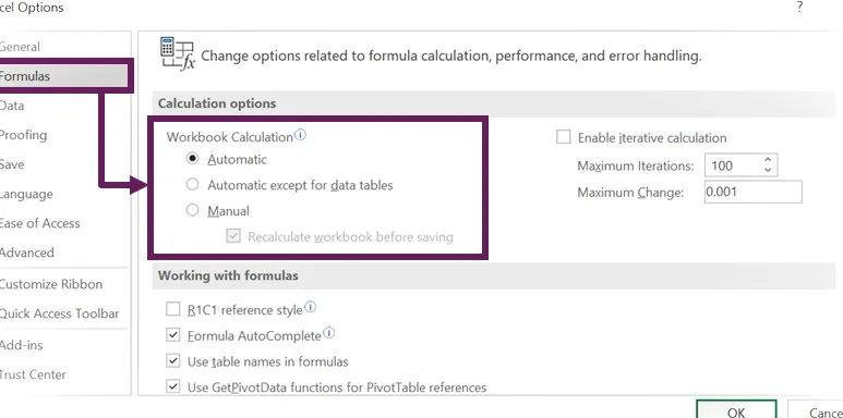 Opciones de Excel - Modo de cálculo