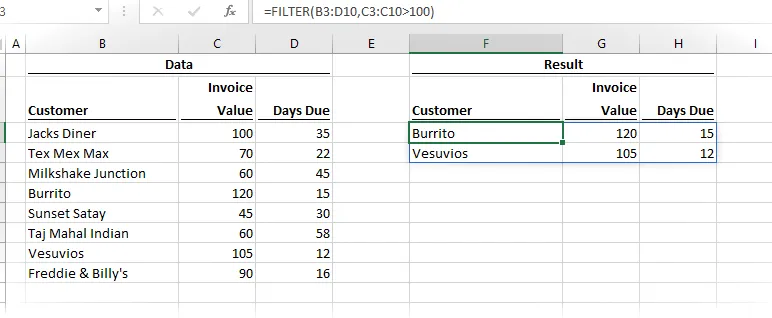 La función FILTRO devuelve una matriz de filas y columnas