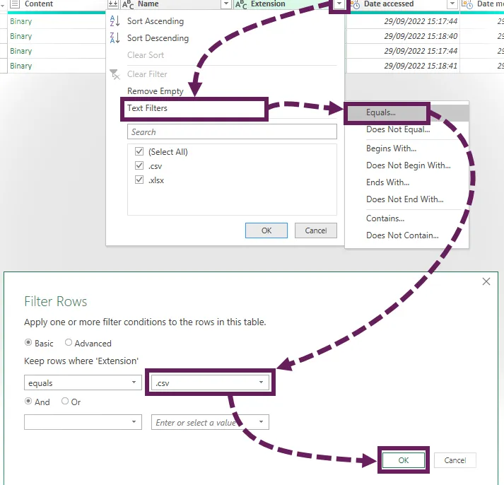 Filtrar la columna Extensión para incluir solo el tipo de archivo correcto