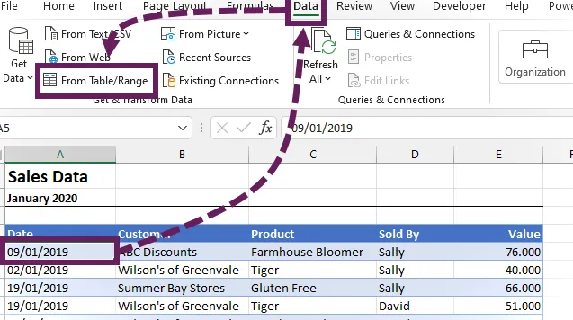 Obtener datos en Power Query: rango de tabla de datos