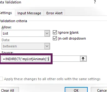 Método INDIRECTO para crear una lista de Validación de Datos a partir de una Tabla