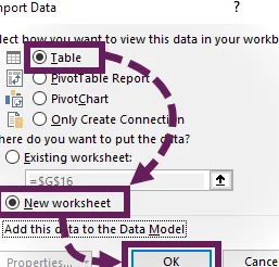 Cuadro de diálogo Importar datos - Tabla - Nueva hoja de trabajo