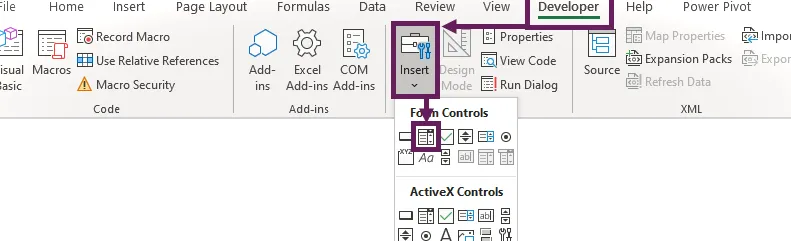 Insertar control de formulario desde el menú Desarrollador