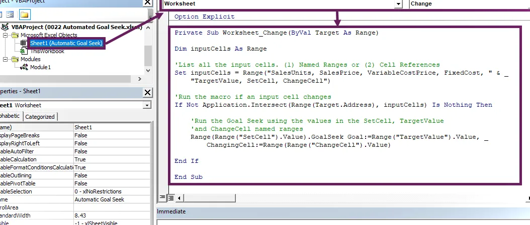 automatizar la búsqueda de objetivos en Excel: macro incluida en el módulo de hoja de trabajo