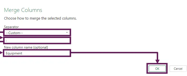 Cuadro de diálogo Fusionar columnas usando el espacio de dos puntos