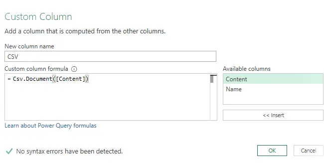 Ventana de columna personalizada de Power Query