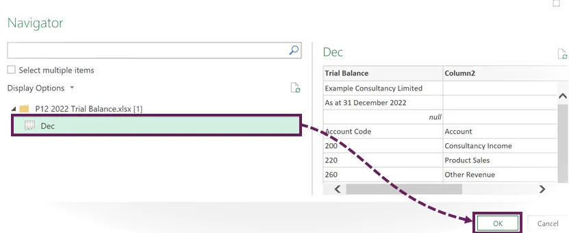 La ventana de Power Query Navigator selecciona el archivo y luego Aceptar