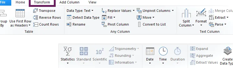 Cinta de transformación de Power Query