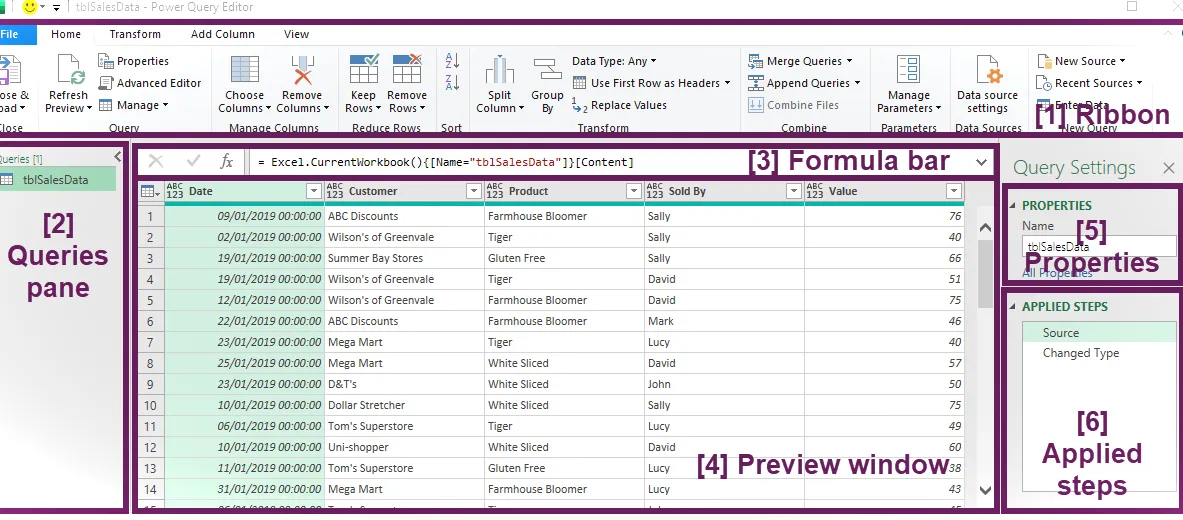 Editor de Power Query: partes de la interfaz de usuario