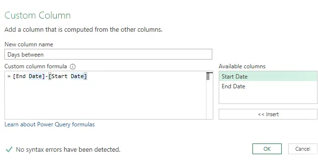 Power Query resta fechas para obtener el número de días