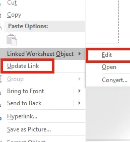 Powerpoint Haga clic derecho en Actualizar o Editar enlace