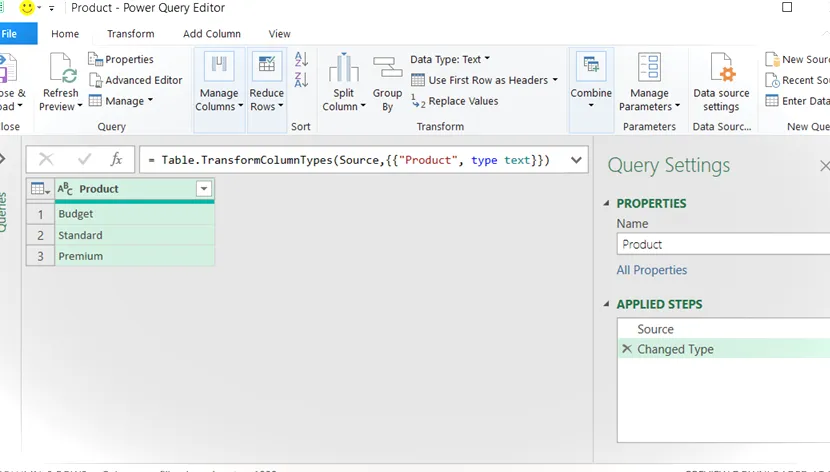 Tabla de productos cargada en la ventana de Power Query