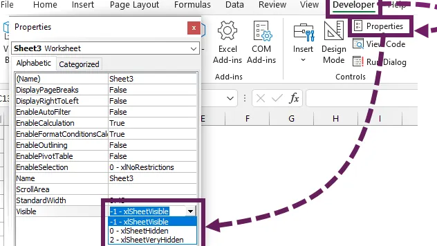 Control de propiedades para ocultar muy una hoja de trabajo