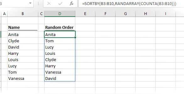 RANDARRAY para ordenar la lista de nombres