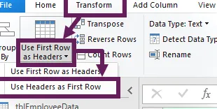 Transformar: usar encabezados como primera fila