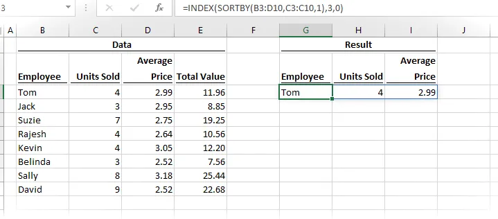 Usando INDEX para reducir valores