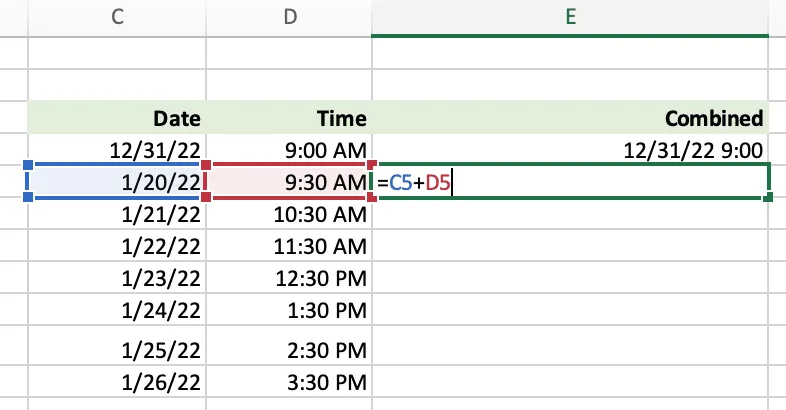 Gráfico con diferentes fechas y horas y una columna para mostrar fechas y horas combinadas en Excel