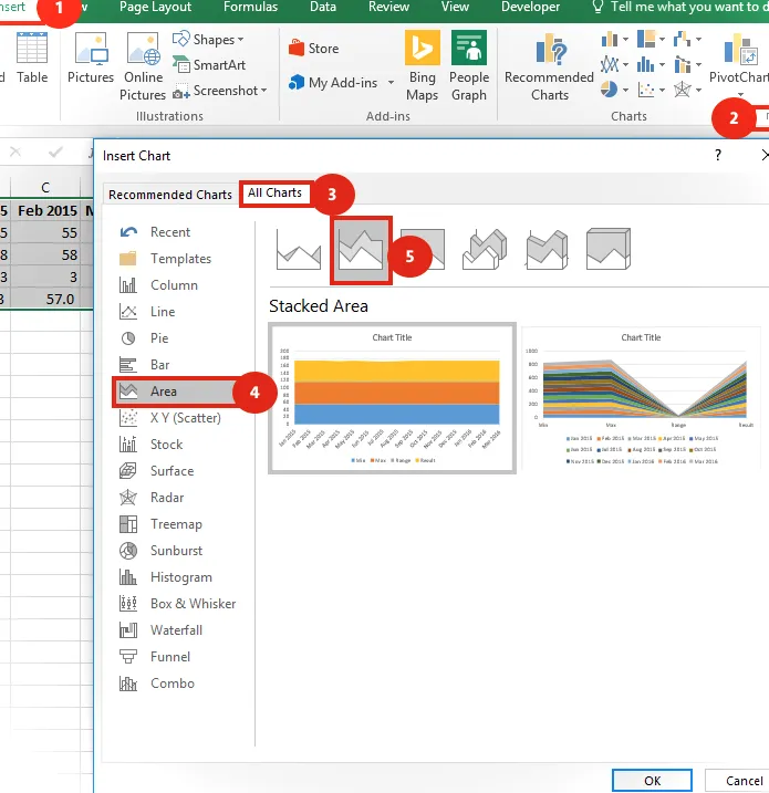 Captura de pantalla de Excel insertar gráfico de áreas apiladas